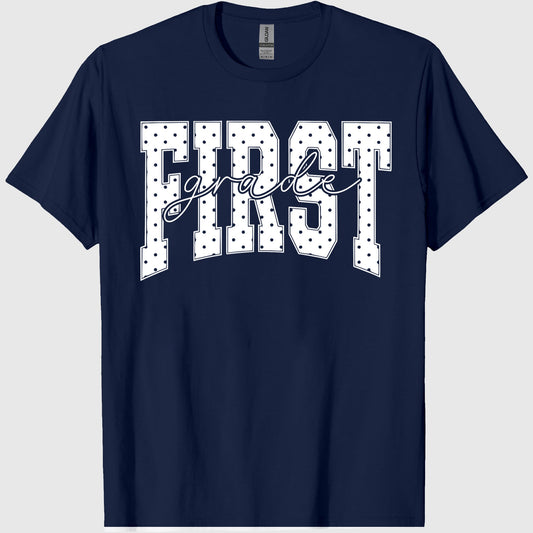 First Grade Shirt Blue Polka Dots Teacher Tee Cottagecore Aesthetic 1st Grade TShirt For Back to School Educator T-shirt